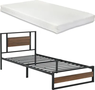 Produktbild von Łóżko metalowe z materacem 90x200cm łóżko młodzieżowe z materacem z zimnej pianki łóżko pojedyncze łóżko stalowe czarny orzech [en.casa]