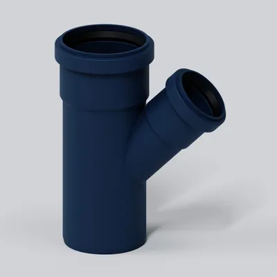 A dark blue pipe fitting with a Y-shaped junction, shown against a plain light gray background.