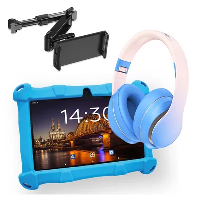 A tablet with a blue protective case, headphones, and a tablet holder are displayed against a white background.