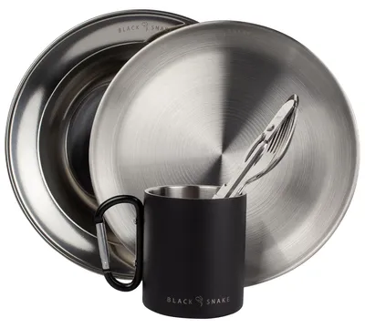 Produktbild von Black Snake® Camping Geschirr Set - flacher & tiefer Teller mit Besteck und Karabinerhaken Tasse - Edelstahl Outdoor Set für Camping & Picknick - 1 Person
