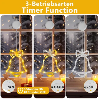 Produktbild von LED Weihnachtsdeko Fenster 4er Set Stern Baum Glocke mit Timer und Saugnapf