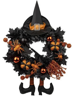 Obrázek produktu pro Halloweenský věnec, 50 cm, umělý, děsivý, s kloboukem, pavoukem, dýní, černý, podzimní dekorace na dveře, oranžová