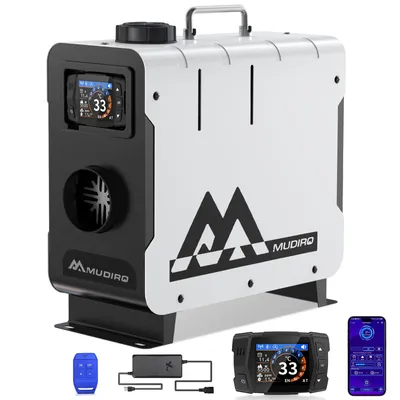 Produktbild von MUDIRO M-5S EVO-H 8kW Diesel-Luftheizung, weiß, stehend, mit Adapter, CO-Schutz, höhenadaptiv bis 5500 m, TFT-Display, Bluetooth & Fernbedienung