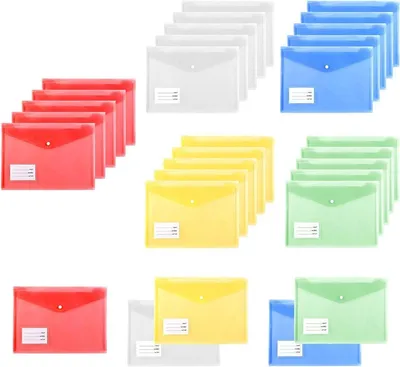Produktbild von 30 Stück A4 Dokumentenmappe mit Druckknopf und Etikettentasche – 5 Farben transparente Umschlagmappe wasserdichte Mappe für Schule, Zuhause