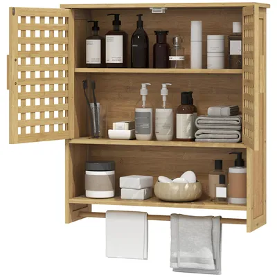 Produktbild von Bad-Hängeschrank aus Bambus Wandmontage Badschrank mit 2 Lamellentüren verstellbarem Einlegeboden & offenem Fach Natur