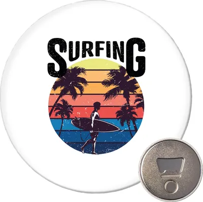 Produktbild von Huuraa Magnet Surfing Beach Sunset 59mm Kühlschrankmagnet rund Flaschenöffner Geschenkidee