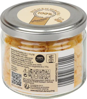 Produktbild von 100% Bienenwachs-Pastillen im Schraubglas Honig mit Dochte und Dochthalter Steinhart Kerzen in RAL-Kerzen Güte Qualität