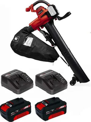 A red and black Einhell leaf blower with two batteries and two chargers.