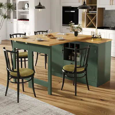 Image de Table de bar pivotante Flieks avec buffet, table de bar à rallonge pivotante à 360°, commode à tiroirs, casier à bouteilles et portes, 120-180 x 40 x 76 cm, vert antique