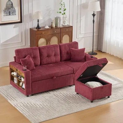 Produktbild von MODFU Mehrfunktionales Klappsofa Chaiselongue mit USB-C-Anschlusses und LED-Ambientebeleuchtung,Polstermöbel Sofa mit Getränkehaltern und Armlehnen,Weinrot