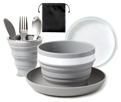 Produktbild von Camping Teller- und Schüsselset für 1 - Faltbare tragbare Teller und Schalen, Besteckset für Reisen und Outdoor