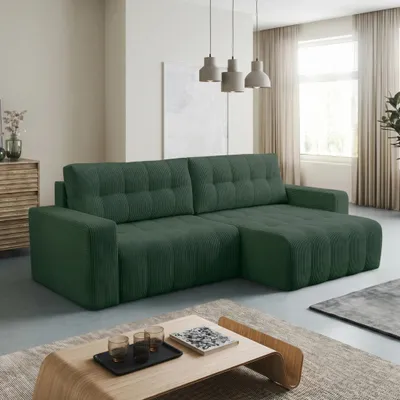 Productafbeelding van Eckbank Palermo, bekleed met POSO stof – modern slaapbank met bedfunctie, opbergruimte en universeel design, comfortabele bank voor de woonkamer (FLASSEGRIJN 14)