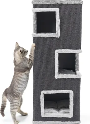 A cat is scratching a cat tree.
