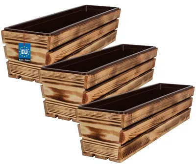 Produktbild von KOTARBAU® 3er Set Blumenkasten für Balkon 60x18x15cm Pflanzkasten Balkonkasten mit Kunststoffeinsatz Blumentopf Kräutertopf aus Kiefernholz Rustikal