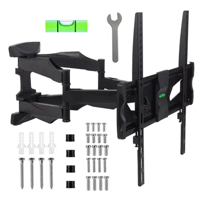 A black TV wall mount with various accessories laid out below it.