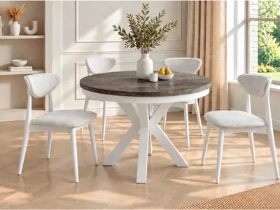 Produktbild von Runder Ausziehbarer Esstisch im Loft-Stil - Industrieller Tisch mit Weißen Metallbeinen - Platzsparender Tisch für Wohnzimmer - Dark Grey Chicago Concrete - 120 bis 200 cm