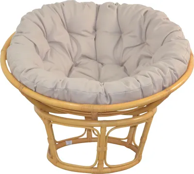 A papasan chair with a beige cushion on a white background.