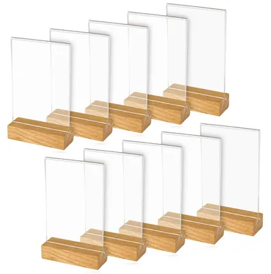 Produktbild von HMF Acryl Tischaufsteller im DIN A6 Hochformat, Tischkartenhalter mit massivem Holzfuß aus Eiche, 10 Stück, T-Aufsteller, Glasklar