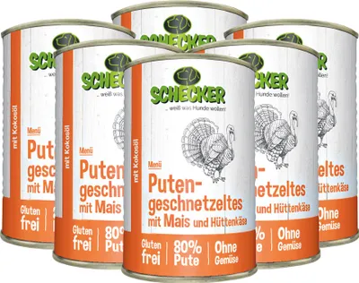 Produktbild von 6 x 410 g - Schecker Hundemenü Nassfutter - Putengeschnetzeltes mit Mais, Hüttenkäse und Kokosöl