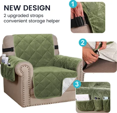 Produktbild von (1 Seater, Olivgrün) Sofabezug Gesteppter dicker Samtplüsch-Couchbezug für Sessel Schonbezug Schutz vor Haustieren Hunde, rutschfest zwei elastische Riemen an Rücken und Basis
