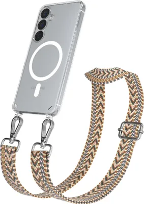 Produktbild von EAZY CASE - Handykette mit MagSafe Hülle für Samsung Galaxy S25, Handyband ZigZag Style,Karabiner Silber, Umhängeband in Braun