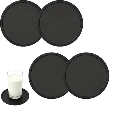 Image de Sous-verres ronds en silicone noir - Lot de 4 - Sets de sous-verres antidérapants pour tasses à café, bières - Parfaits pour le salon, la cuisine