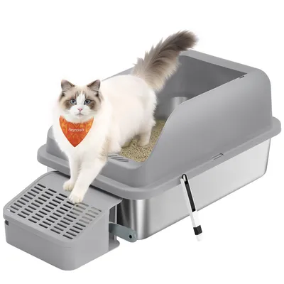 Produktbild von Feandrea Katzenklo Edelstahl, Katzentoilette, offenes Design, mit hohen Seitenwänden, Trittstufe, Schaufel, Bürste, für Katzen bis zu 15 kg