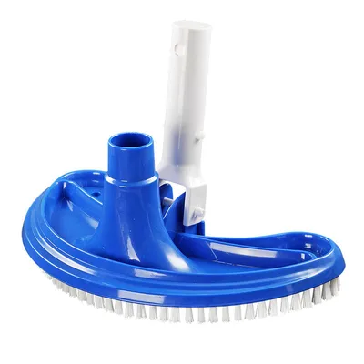A blue and white pool vacuum head with brushes on a white background.