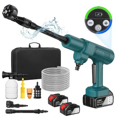 Produktbild von Akku-Hochdruckreiniger - Bürstenlose Waschpistole - 300 W, 35 bar, 6-in-1 Düse, 2 Akkus enthalten - Grün