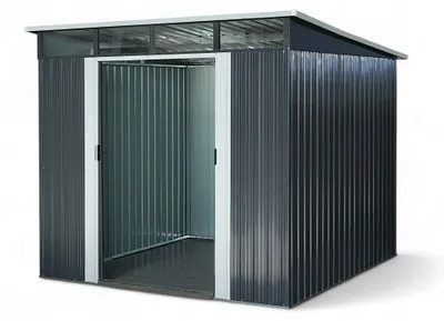 Produktbild von ALEOS. Gartenhaus Geräteschuppen mit Pultdach und großes Oberlichte - Fenster 5,6m² 239x236cm aus verzinktem Stahlblech anthrazit Metall mit Doppelschiebetür Türhöhe 173cm Schuppen Gartenhaus