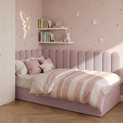 Productafbeelding van Boxspringbed JUNIOR, 90x200 cm, in poederroze, met gestoffeerde wandpanelen, een handige opbergruimte en een matras met Bonell-vering