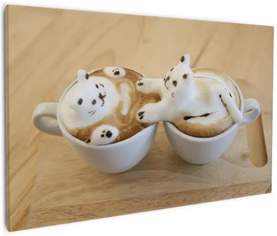 Produktbild von Wallario Premium Leinwandbild Süße Milchschaum Katzen auf Kaffee in Größe 60 x 90 cm