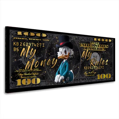 Produktbild von Pop Art Duck 100 Dollar Schein Leinwandbild Wandbild Kunstdruck XL Wanddeko: 50x20x2cm