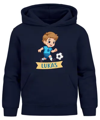 Produktbild von Kinder Hoodie Jungen mit Namen Geschenk Fussball Comicfigur personalisierte Jungengeschenke Geschenkidee Fussballfan Moonworks®
