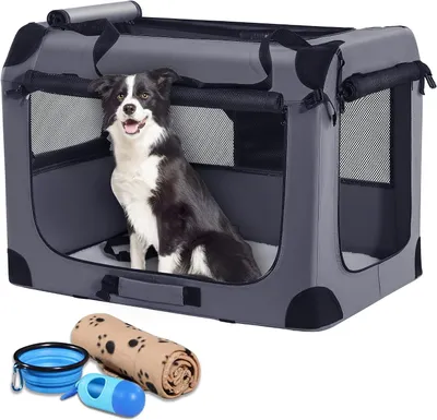 Immagine prodotto di Trasportino portatile per cani - Trasportino da viaggio per animali domestici - Trasporto sicuro - Include ciotola per cibo - 81 x 58 x 58 cm - Grigio