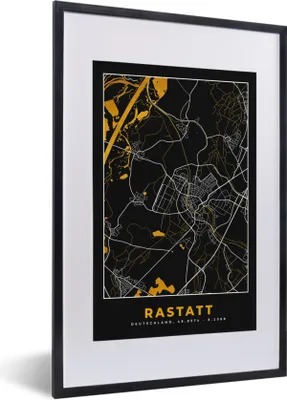 Produktbild von MuchoWow® Gerahmtes Poster Deutschland - Schwarz und Gold - Rastatt - Stadtplan - Karte 40x60 cm - Poster mit Schwarzem Bilderrahmen Wandposter Rahmen Foto Bilder - Poster in Rahmen