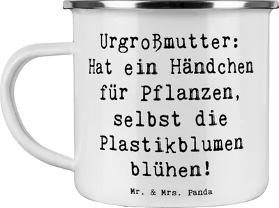 Produktbild von Mr. & Mrs. Panda Emaille Tasse Spruch Urgroßmutter Wundergrün - Weiß - Geschenk, Teetasse, blechbecher, Familie, Lächeln, herzerwärmende Sprüche, Handarbeit, Blechtasse