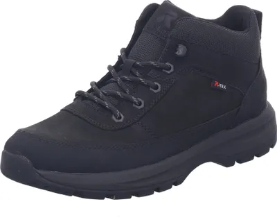 A black Rieker men's boot is shown against a white background.