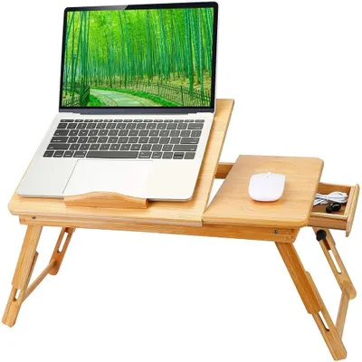 Image de Tablette pour ordinateur portable en bambou - Plateau pour lit et canapé - Réglable - Pour ordinateur portable - Plateau de service - Orange