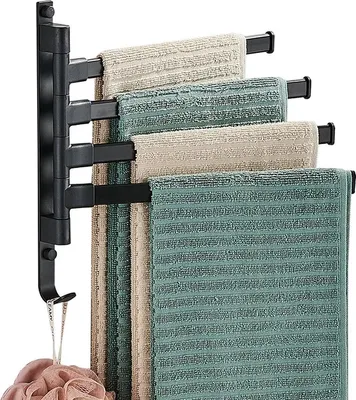 Produktbild von TOJ Handtuchhalter Schwenkbar – 4-armiger Handtuchhalter 180° drehbar – Aluminium Handtuchhalter für Bad & WC – Wandmontage inkl. Montageset
