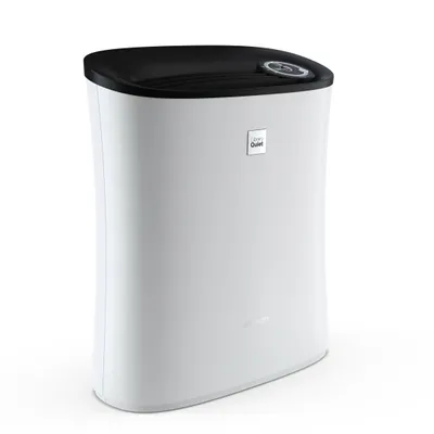 A studio shot of a white and black air purifier against a white background.