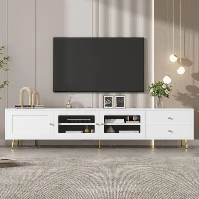 Produktbild von Merax TV-Lowboard, TV-Schrank mit 2 Schubladen und 2 Glastüren, Fernsehtisch mit Stauraum, verstellbaren Einlegeböden und Metallgriffen, Weiß