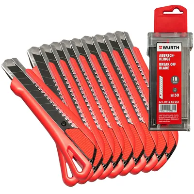 Produktbild von Würth 10 x 1K Cutter Messer mit Schieber 18mm + 1 x 50 Würth Klingen im Spender