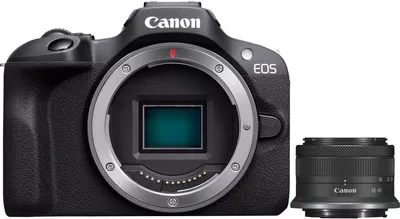 Produktbild von Canon EOS R100 + RF-S 18-45mm F4.5-6.3 IS STM Kit, 24,1 MP, 6000 x 4000 Pixel, CMOS, 4K Ultra HD, 309 g, Schwarz