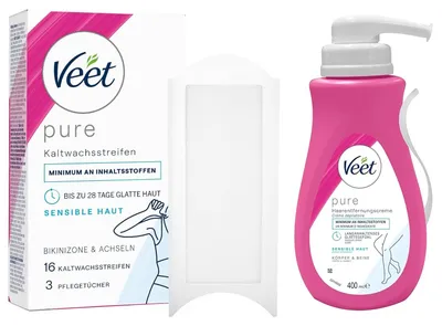 Produktbild von Veet Haarentfernungs-Set für sensible Haut - Bundle mit Enthaarungscreme & Kaltwachsstreifen für den Körper Achseln & Bikinizone - 2 Artikel