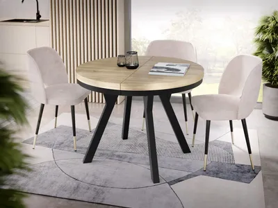 Produktbild von Designer Runder Ausziehbarer Esstisch - Loft-Stil, Industriell, Platzsparend - Schwarze Beine - 100 bis 200 cm - für 5-10 Personen - Hergestellt in EU - Sonoma Eiche - 200 cm