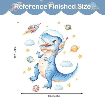 Productafbeelding van Grote blauwe dinosaurussen wandstickers voor kinderkamer - Ruimte dino astronaut muurstickers - Peel en stick raketten, planeten en wolk