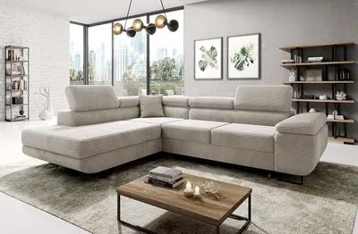 Produktbild von Easy4You Ecksofa Creme Astorp Kord L-Form – 277 cm - Schlafsofa mit Bettkasten und Schlaffunktion - Eckcouch mit Stauraum und Metallfüße – Links – Stoff Kord Poso 100