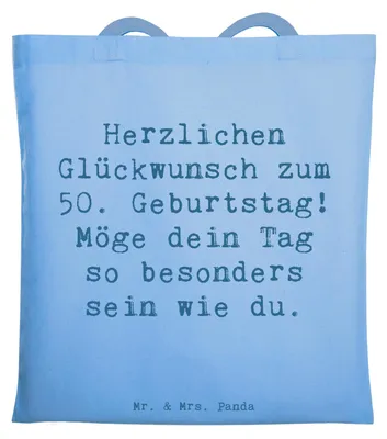 Produktbild von Mr. & Mrs. Panda Tote Bag Spruch 50. Geburtstag Freude - Sky Blue - Geschenk, Jutebeutel, Laptoptasche, Alter, Meilenstein, Einkaufstasche, herzlicher Glückwunsch, Tasche