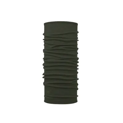A dark green Buff neck gaiter is shown against a white background.